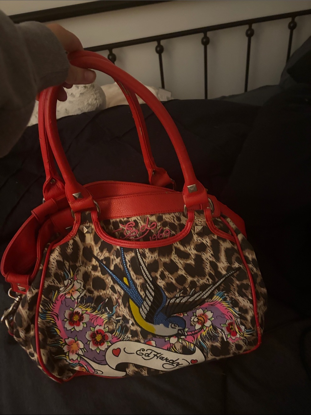 Ed Hardy Leopard Print Satchel with Red Trim and Bird Motif